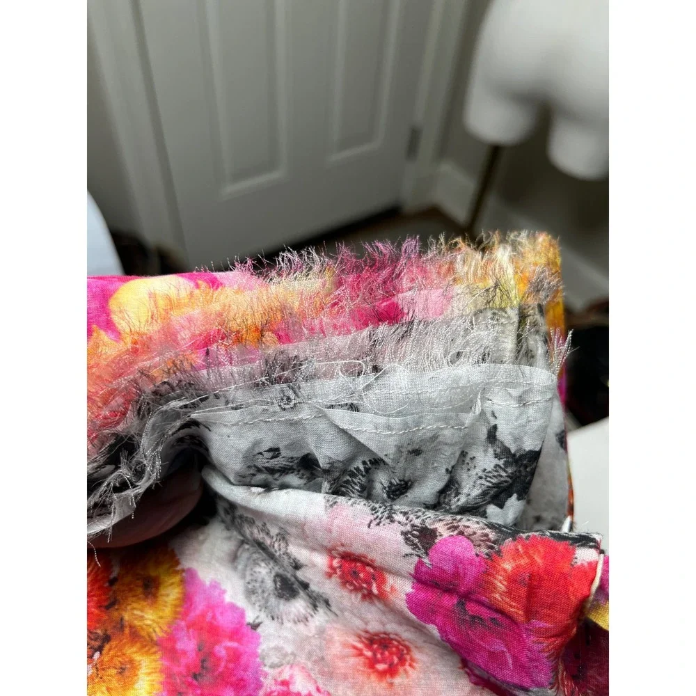 Talbots Floral Print Eyelash Fringe Scarf Black Pink Silk‎ Cotton OS